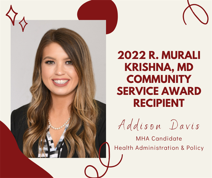 MHA Student Receives 2022 R. Murali Krishna, MD Community Service Award